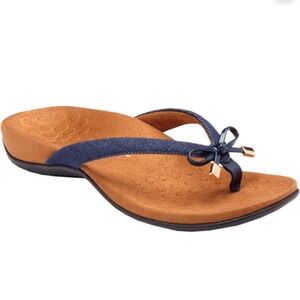 Women’s Coastal Preppy Minimalist leather Blue Thong Sandal with Brown Footbed